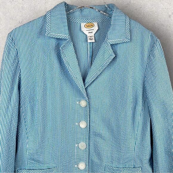RARE!!!! TALBOTS Seersucker Blazer Pin Stripe in White and Turquoise Size 14 - Picture 2 of 9